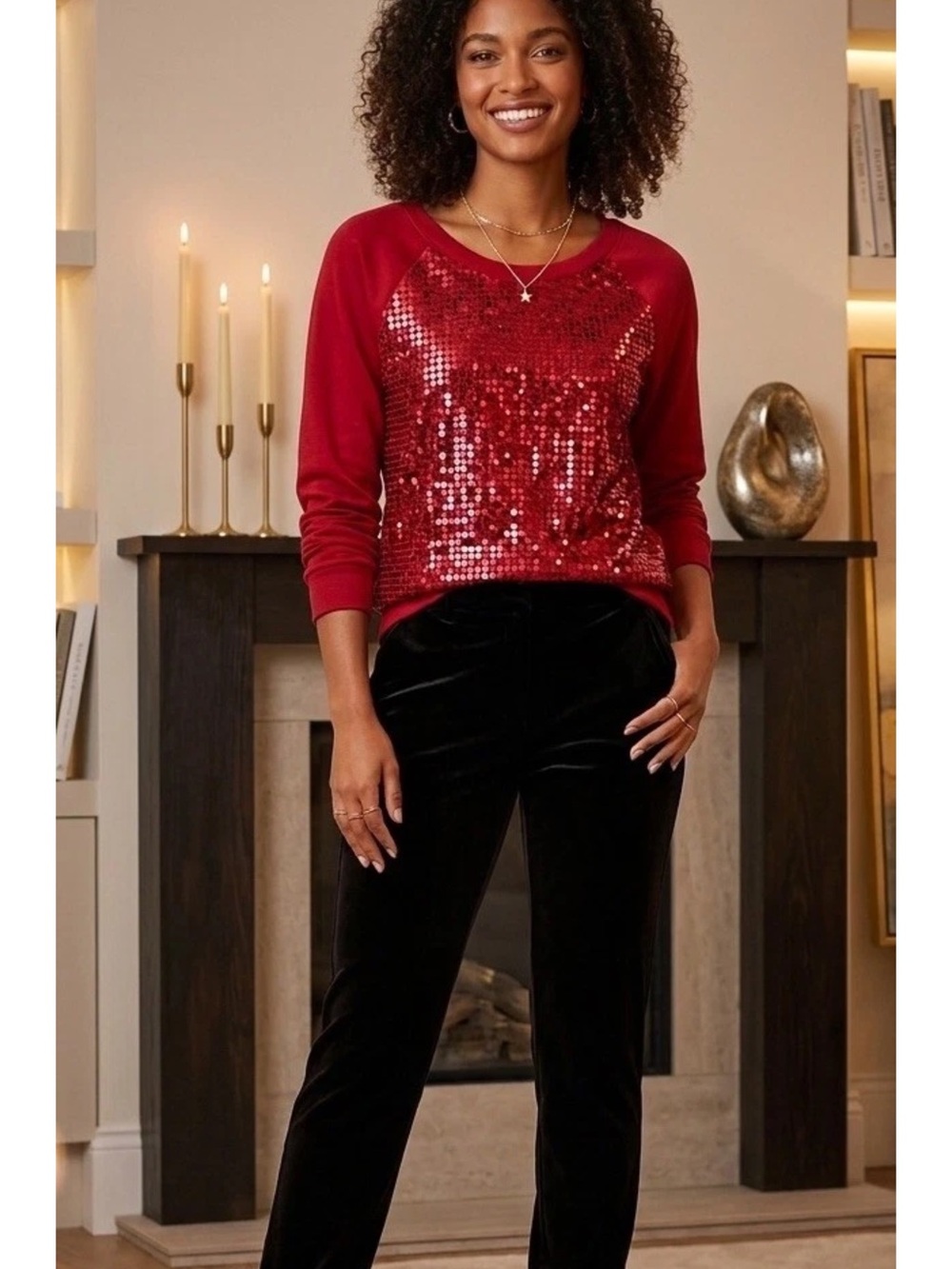 Bongo Cranberry Sequin Front Pullover Sweatshirt Crew Neck Long Sleeve Women XL